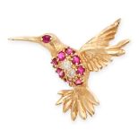 A VINTAGE DIAMOND AND RUBY HUMMINGBIRD BROOCH in yellow gold, the body of the hummingbird set with