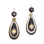 A PAIR OF ANTIQUE ONYX, ENAMEL, DIAMOND AND PEARL EARRINGS in yellow gold, each set with a rose