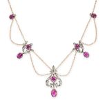 AN ANTIQUE RUBY AND DIAMOND NECKLACE in yellow gold and silver, in fringe design, comprising three