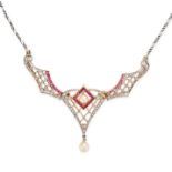 AN ANTIQUE EDWARDIAN DIAMOND, RUBY, AND PEARL PENDANT NECKLACE the articulated pendant in a