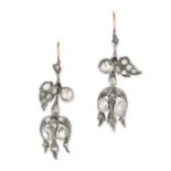 A PAIR OF ANTIQUE DIAMOND EARRINGS in yellow gold and silver, in foliate design set throughout