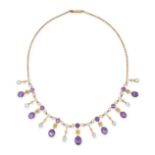 AN ANTIQUE AMETHYST AND AQUAMARINE FRINGE NECKLACE in yellow gold, set with a row of alternating