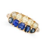 AN ANTIQUE VICTORIAN SAPPHIRE AND YELLOW DIAMOND RING, 1887 in 18ct yellow gold, with one row of