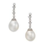 A PAIR OF PEARL AND DIAMOND DROP EARRINGS in 18ct white gold, each earring set with a drop shape