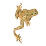 A GREEN GARNET AND DIAMOND FROG BROOCH in 18ct yellow gold, the body of the frog set with round