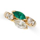 AN EMERALD AND DIAMOND TOI ET MOI RING in yellow gold, set with a marquise cut emerald of