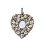 A MOONSTONE AND DIAMOND HEART PENDANT in yellow gold and silver, set to the centre with a cabochon