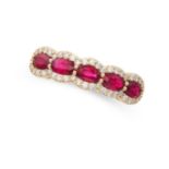 A FIVE STONE RUBY AND DIAMOND RING in 18ct yellow gold, set with five oval cut rubies surrounded