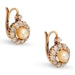 A PAIR OF ANTIQUE PEARL AND DIAMOND CLUSTER EARRINGS in yellow gold, each set with an old cut