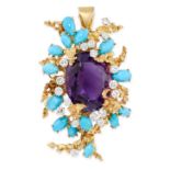 GEORGE WEIL, A VINTAGE AMETHYST, TURQUOISE AND DIAMOND BROOCH / PENDANT, CIRCA 1970 in 18ct yellow