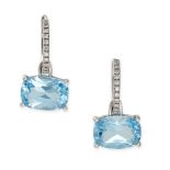 A PAIR OF BLUE TOPAZ AND DIAMOND EARRINGS in 18ct white gold, the diamond hoop earrings with