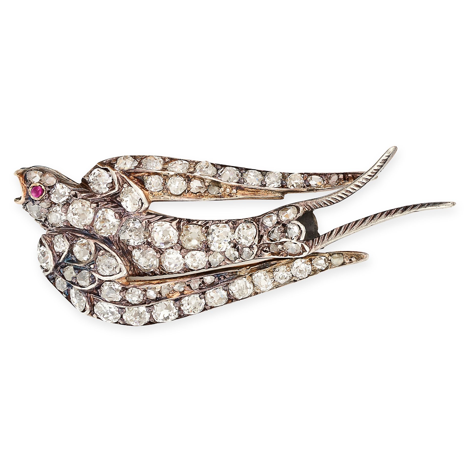 AN ANTIQUE VICTORIAN DIAMOND AND RUBY SWALLOW BROOCH, LATE 19TH CENTURY in yellow gold and silver,