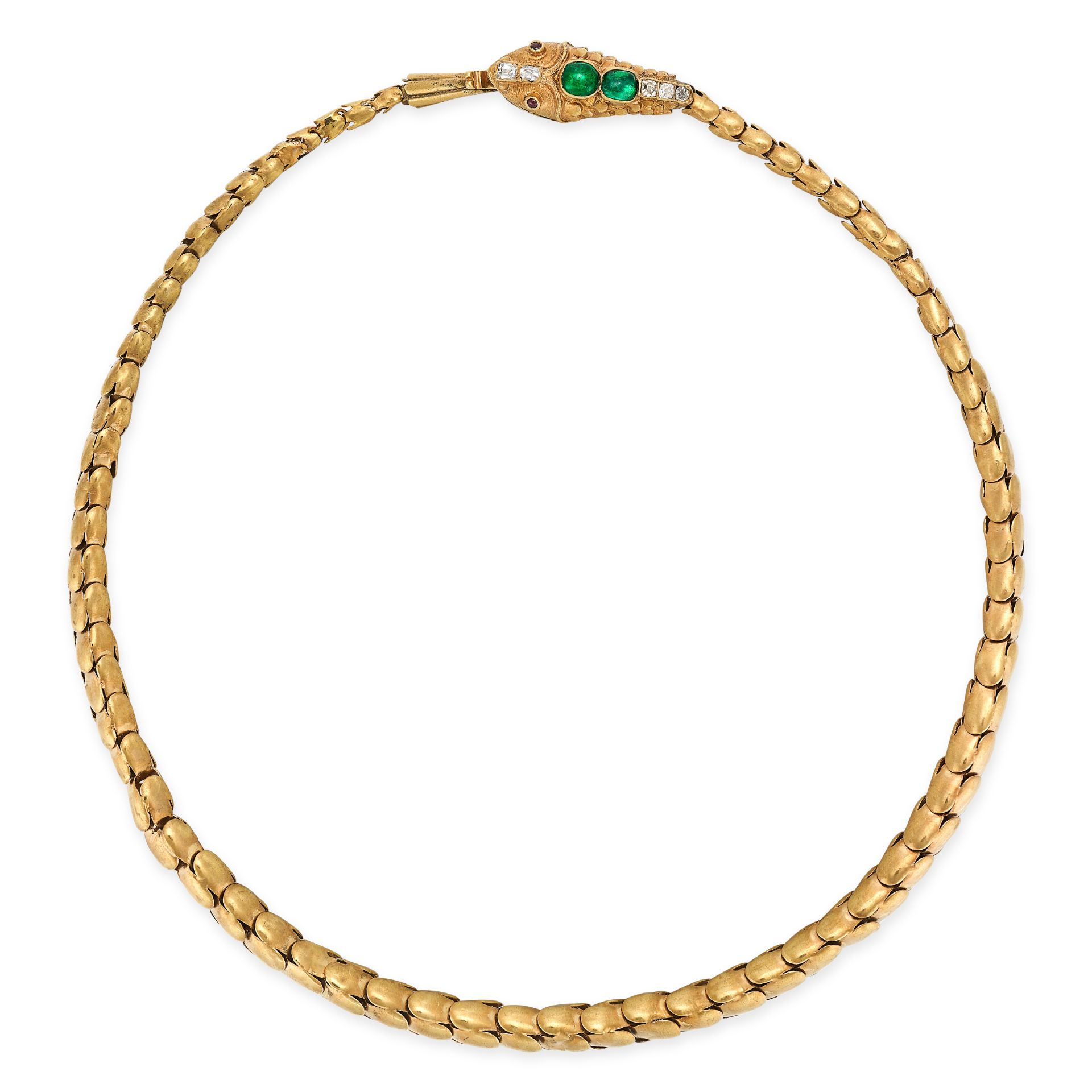 AN ANTIQUE VICTORIAN EMERALD, DIAMOND AND RUBY SNAKE NECKLACE in yellow gold, designed as the - Image 2 of 2