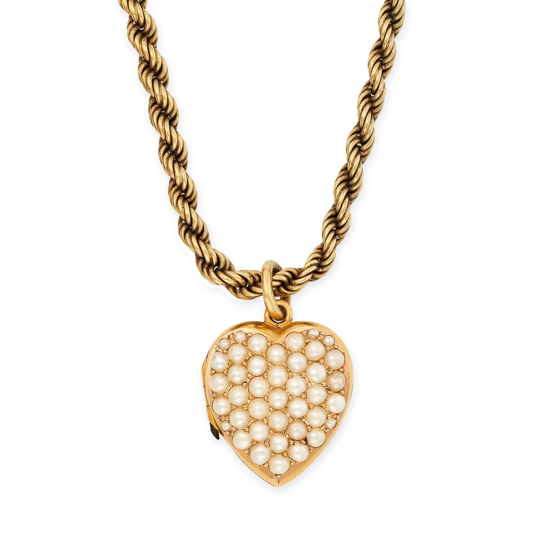 AN ANTIQUE PEARL HEART LOCKET PENDANT AND CHAIN in yellow gold, the heart shaped locket set with
