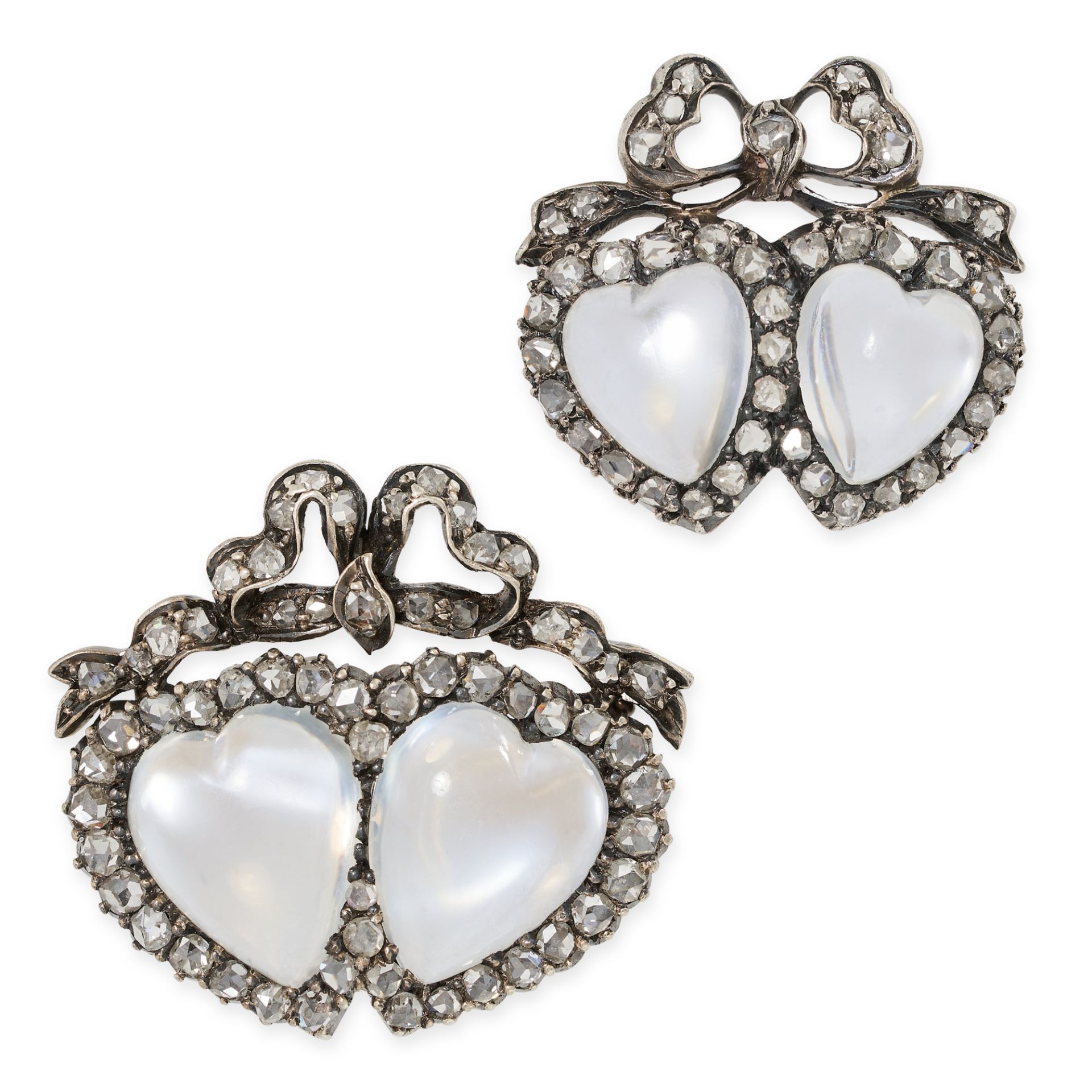 AN EXQUISITE PAIR OF ANTIQUE MOONSTONE AND DIAMOND SWEETHEART BROOCHES, 19TH CENTURY in yellow - Image 2 of 2