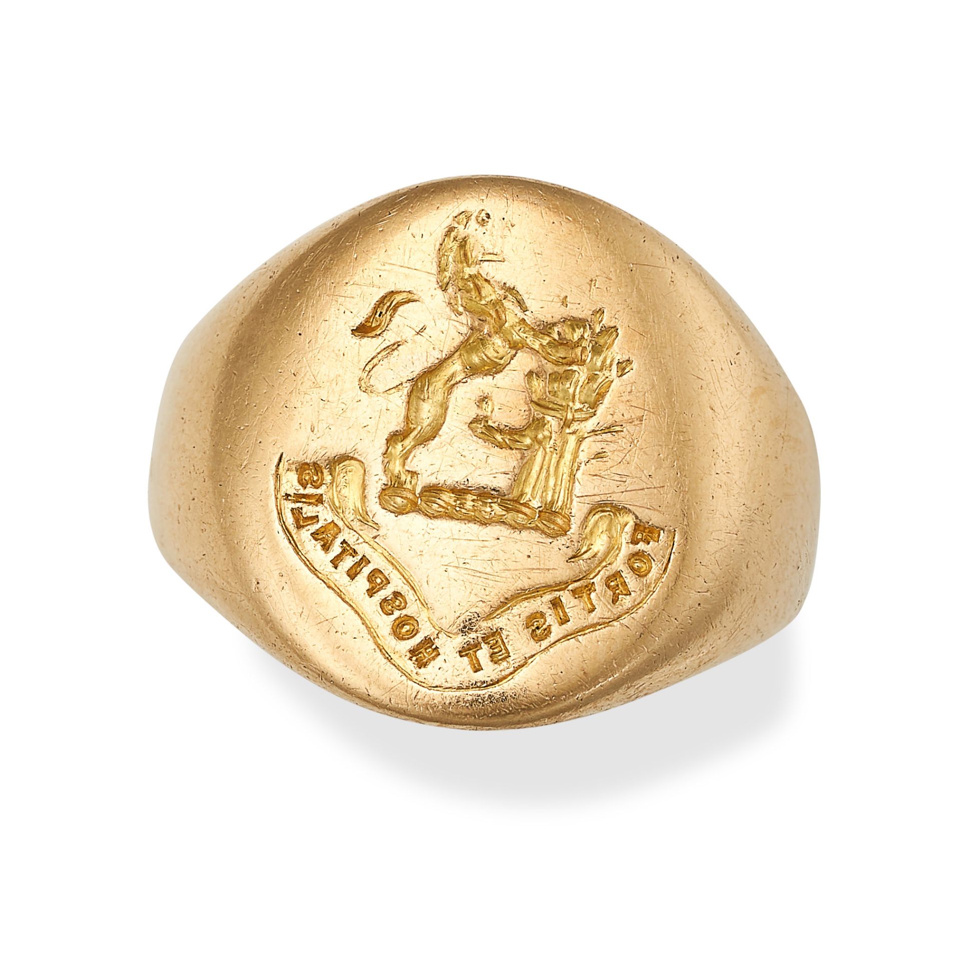 A VINTAGE GOLD SIGNET RING in 18ct yellow gold, the oval face with an engraved coat of arms and