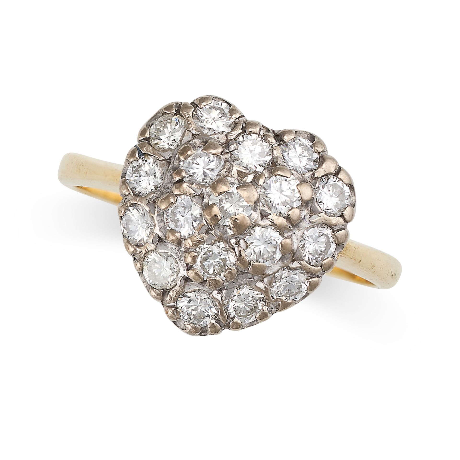 A DIAMOND CLUSTER HEART RING in 18ct yellow gold, the heart shaped face set with round cut diamonds,