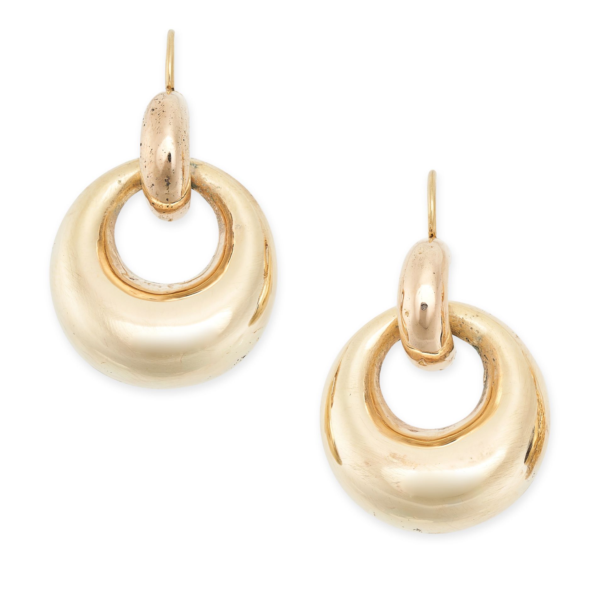 A PAIR OF ANTIQUE GOLD DROP EARRINGS in yellow gold, comprising a gold hoop suspending a larger gold