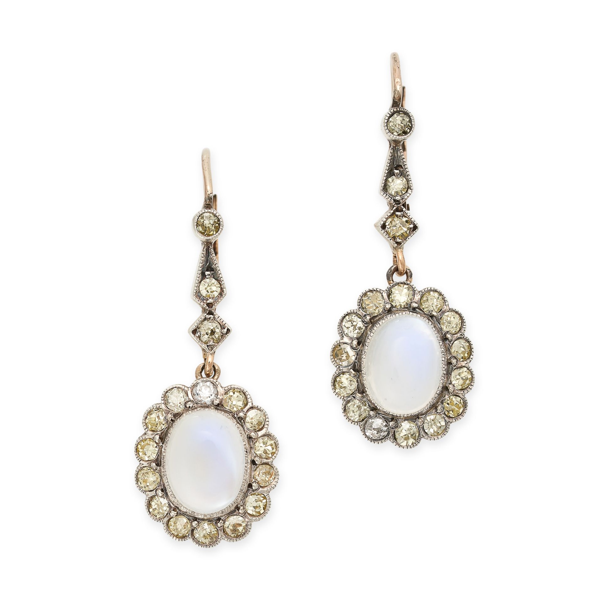 A PAIR OF ANTIQUE MOONSTONE AND DIAMOND DROP EARRINGS in yellow gold, each set with a row of