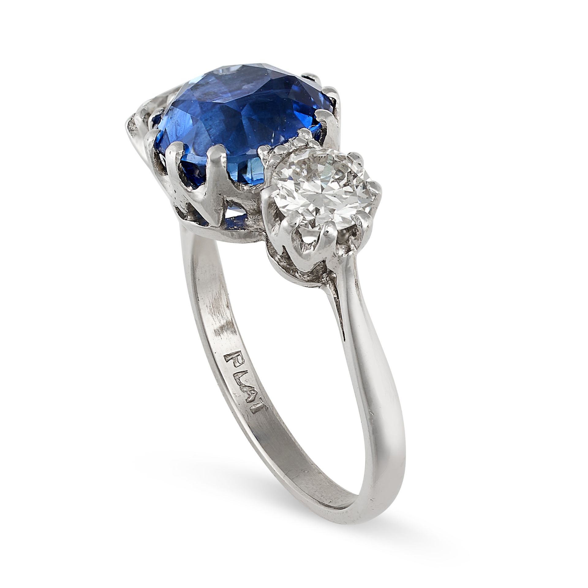 A CEYLON NO HEAT SAPPHIRE AND DIAMOND THREE STONE RING in platinum, set with a cushion cut - Image 2 of 2