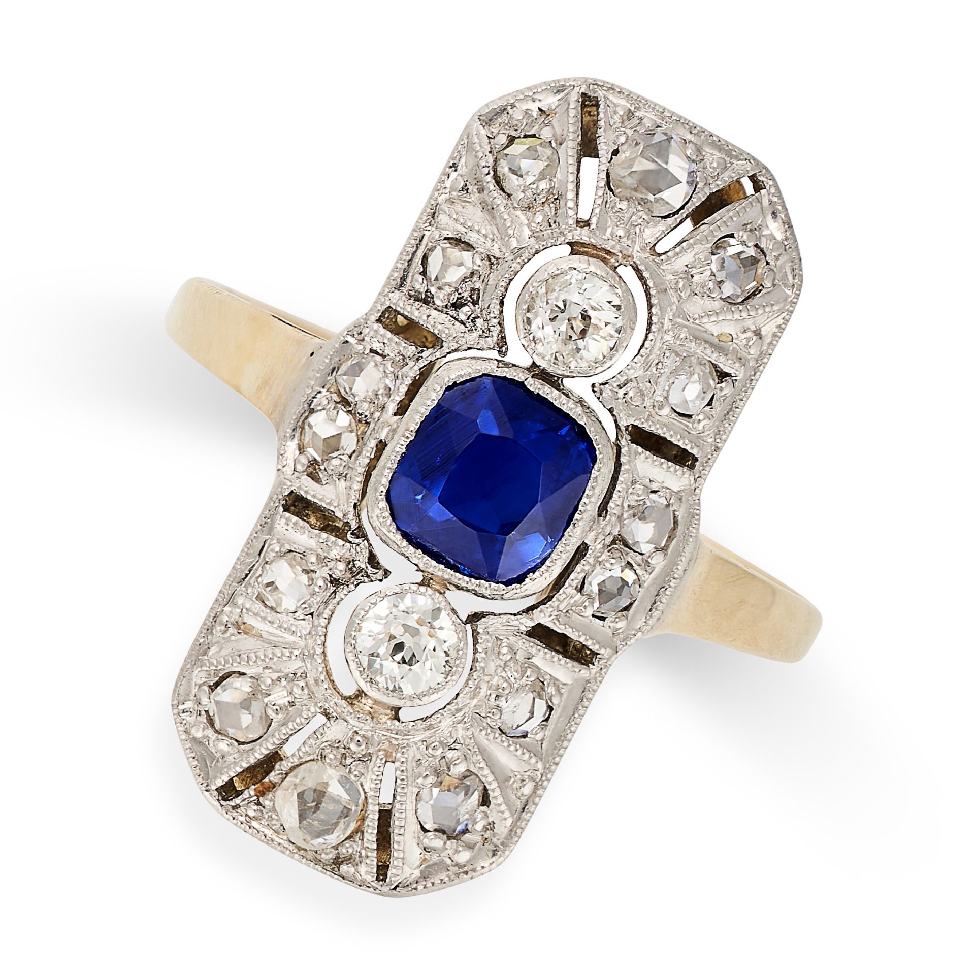 A SAPPHIRE AND DIAMOND RING in yellow gold, set with a cushion cut sapphire accented by old cut