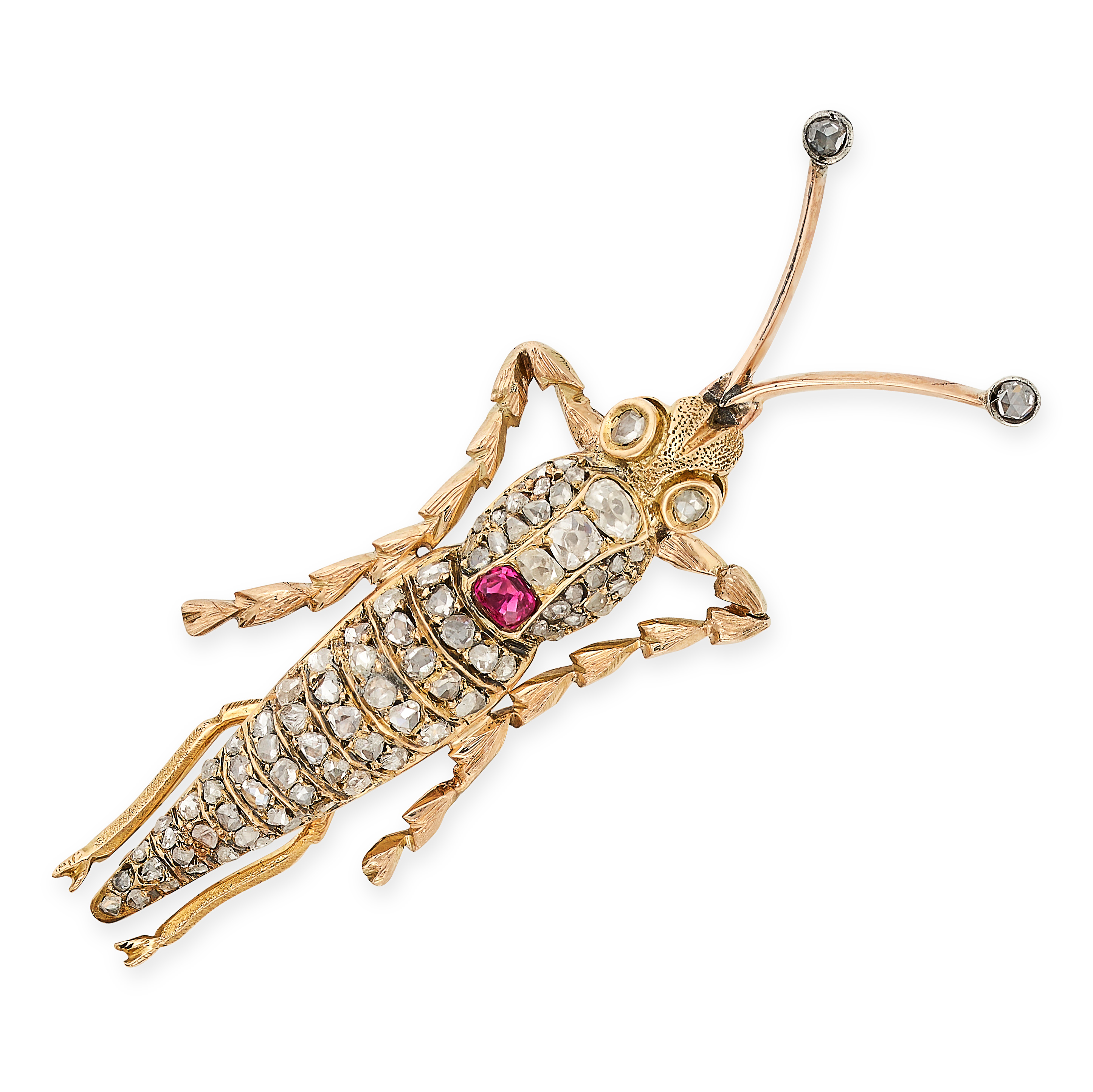 AN ANTIQUE DIAMOND AND RUBY CRICKET BROOCH in yellow gold, set throughout with rose and old cut