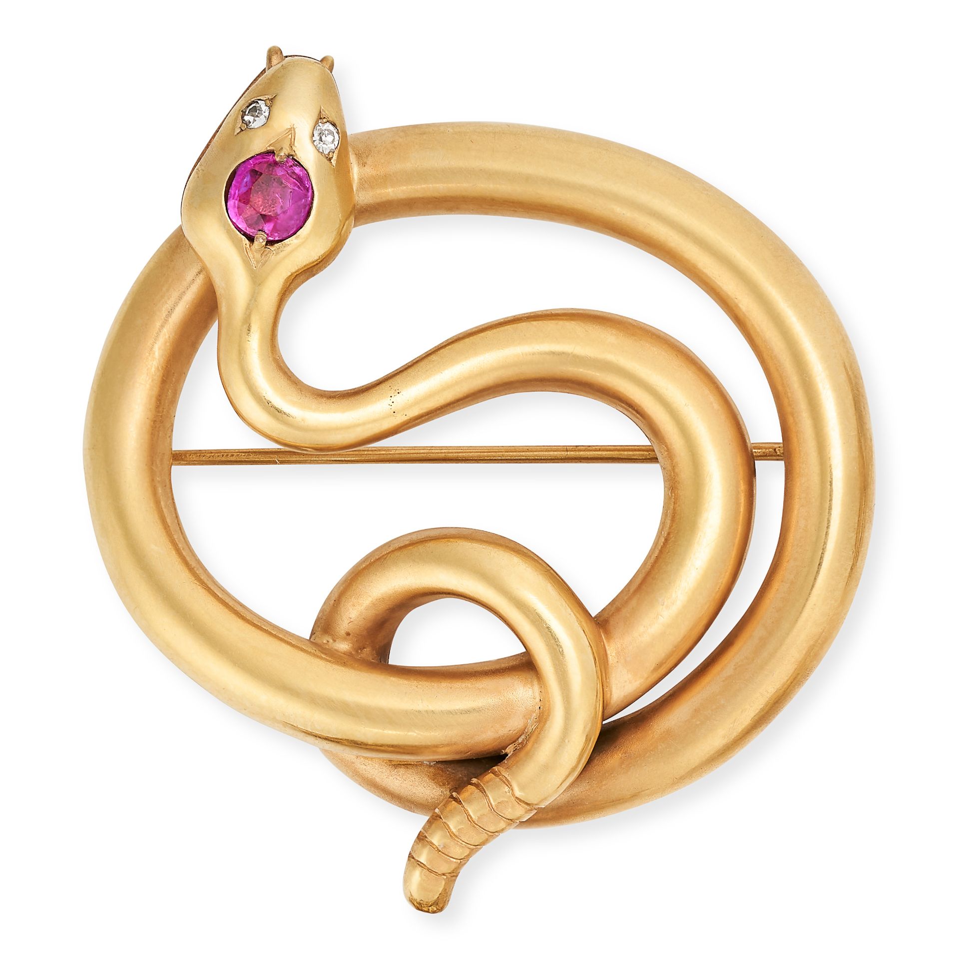 AN ANTIQUE RUBY AND DIAMOND RATTLESNAKE BROOCH in yellow gold, designed as a coiled snake, set to