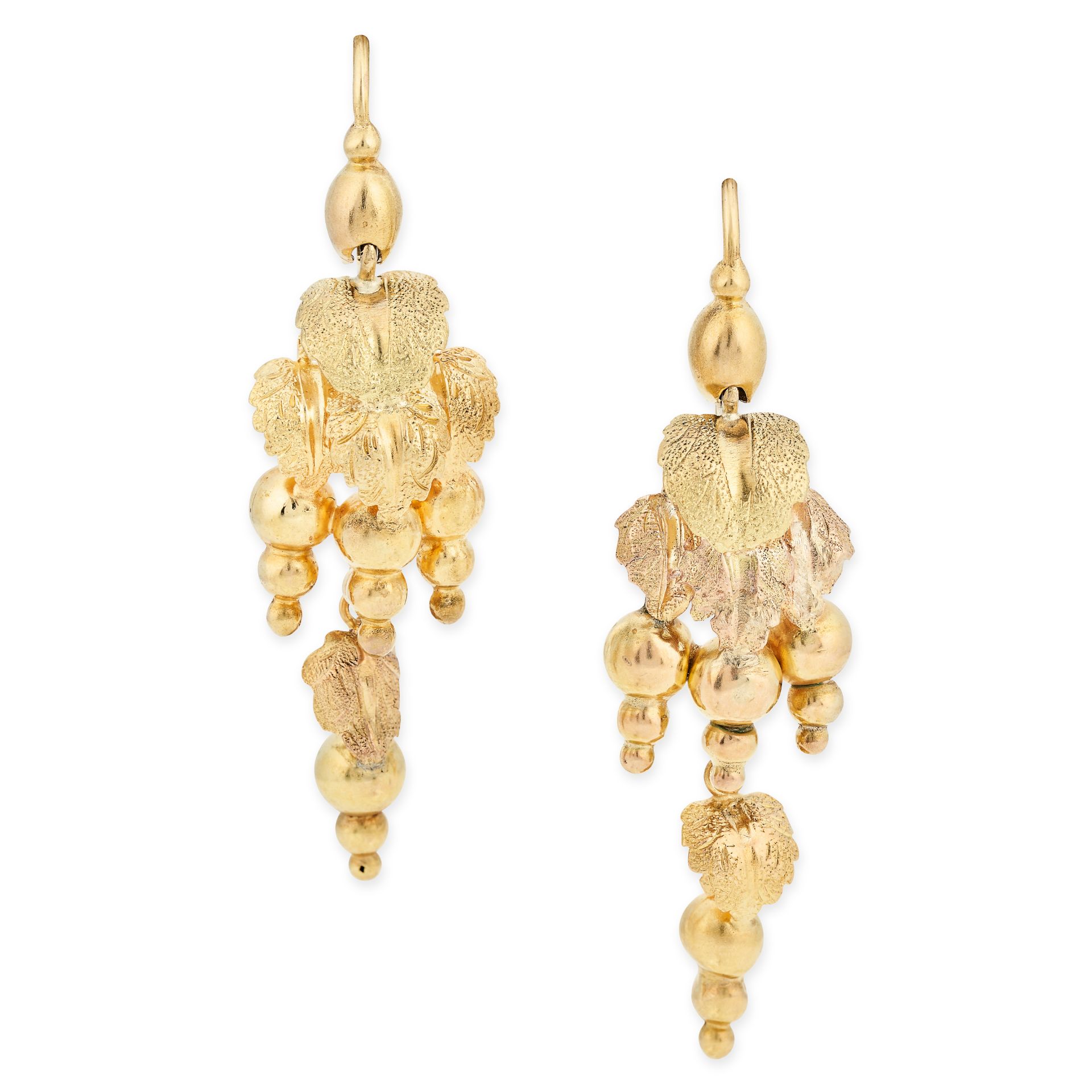 A PAIR OF ANTIQUE GOLD DROP EARRINGS in yellow gold, each designed to depict vine leaves and