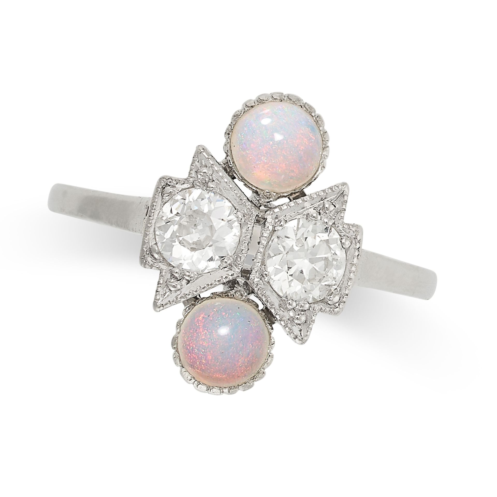 AN OPAL AND DIAMOND DRESS RING in platinum, set with two cabochon opals and two old cut diamonds,