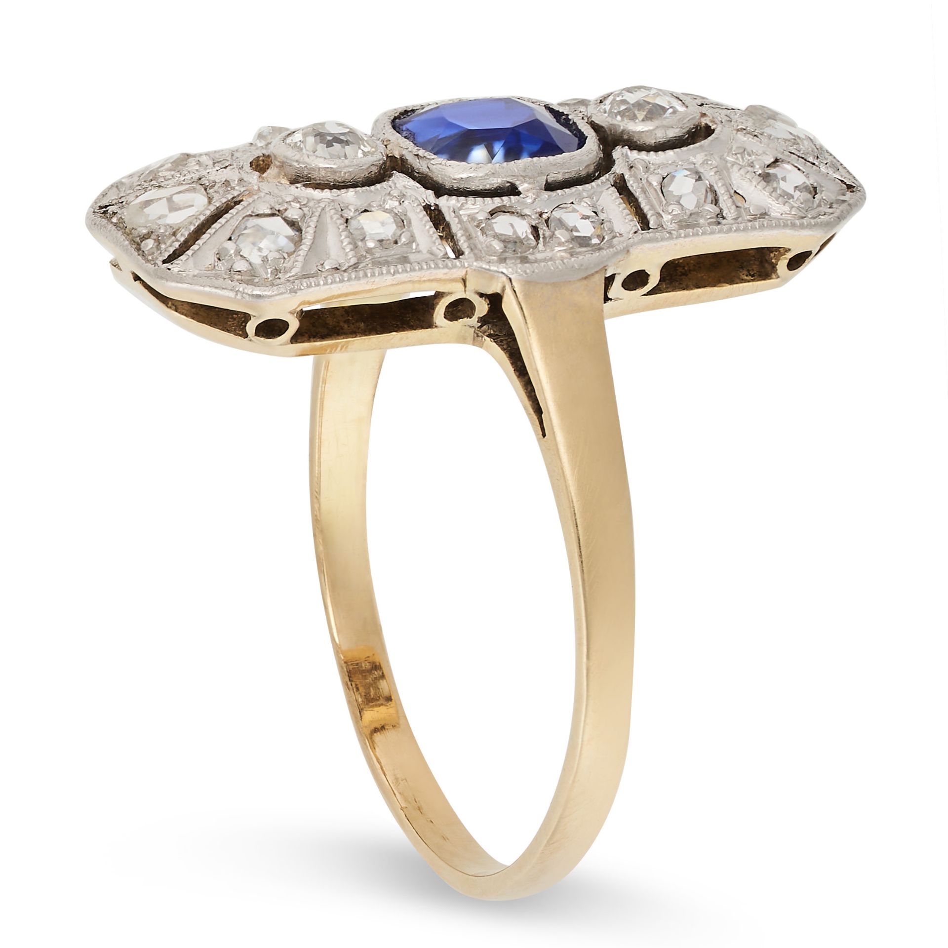 A SAPPHIRE AND DIAMOND RING in yellow gold, set with a cushion cut sapphire accented by old cut - Image 2 of 2