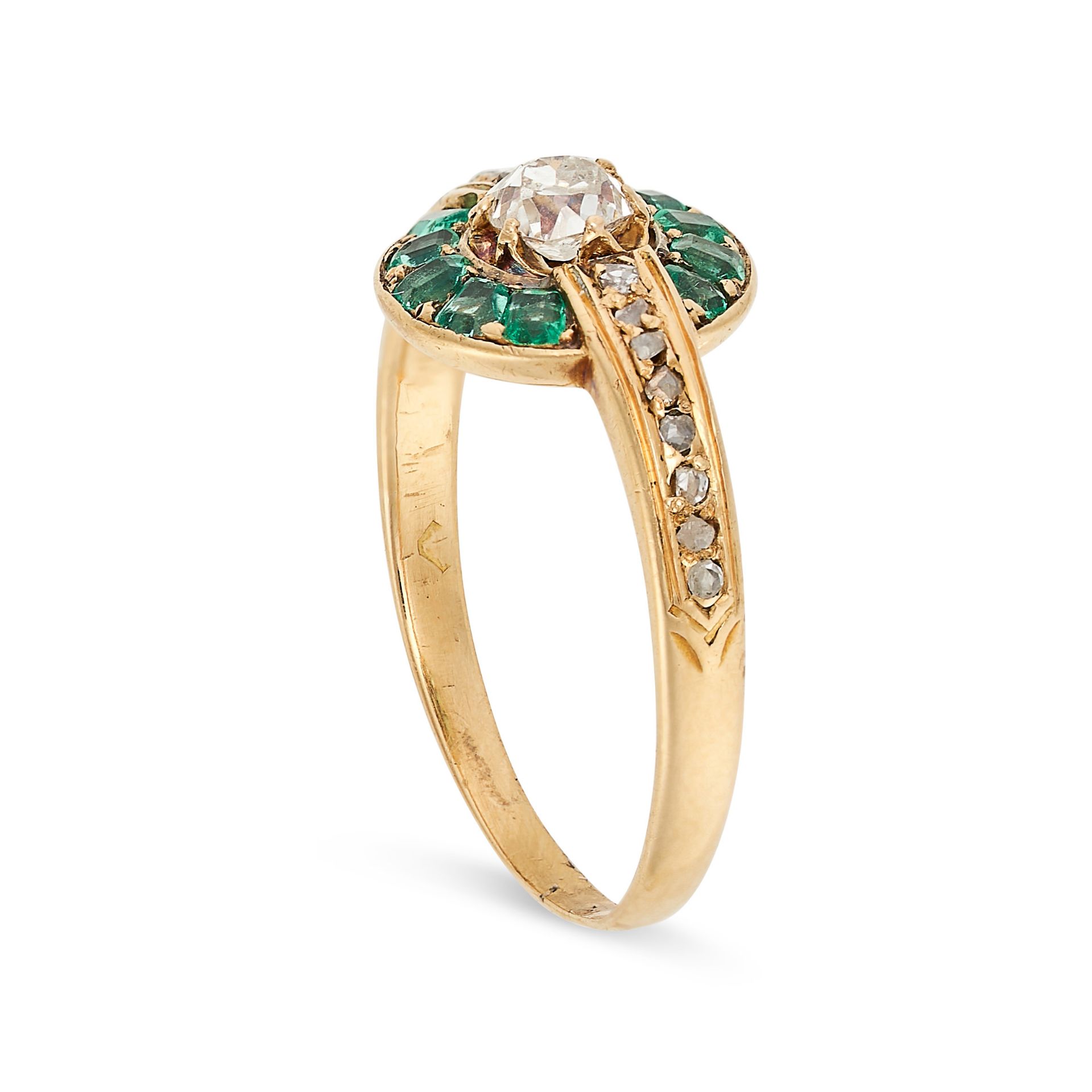AN EMERALD AND DIAMOND RING set with an old cut diamond in a border of cushion cut emeralds, the - Image 2 of 2