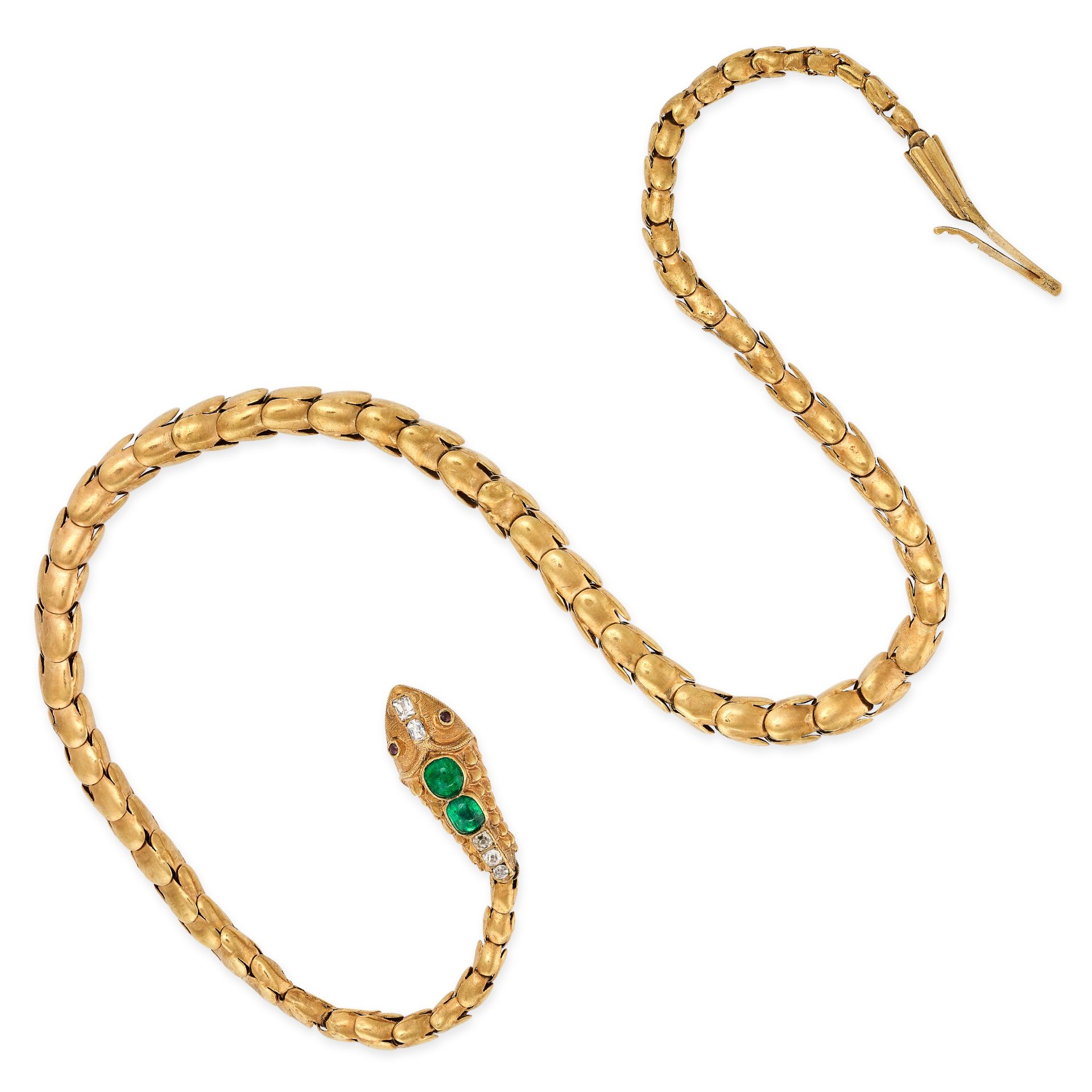 AN ANTIQUE VICTORIAN EMERALD, DIAMOND AND RUBY SNAKE NECKLACE in yellow gold, designed as the