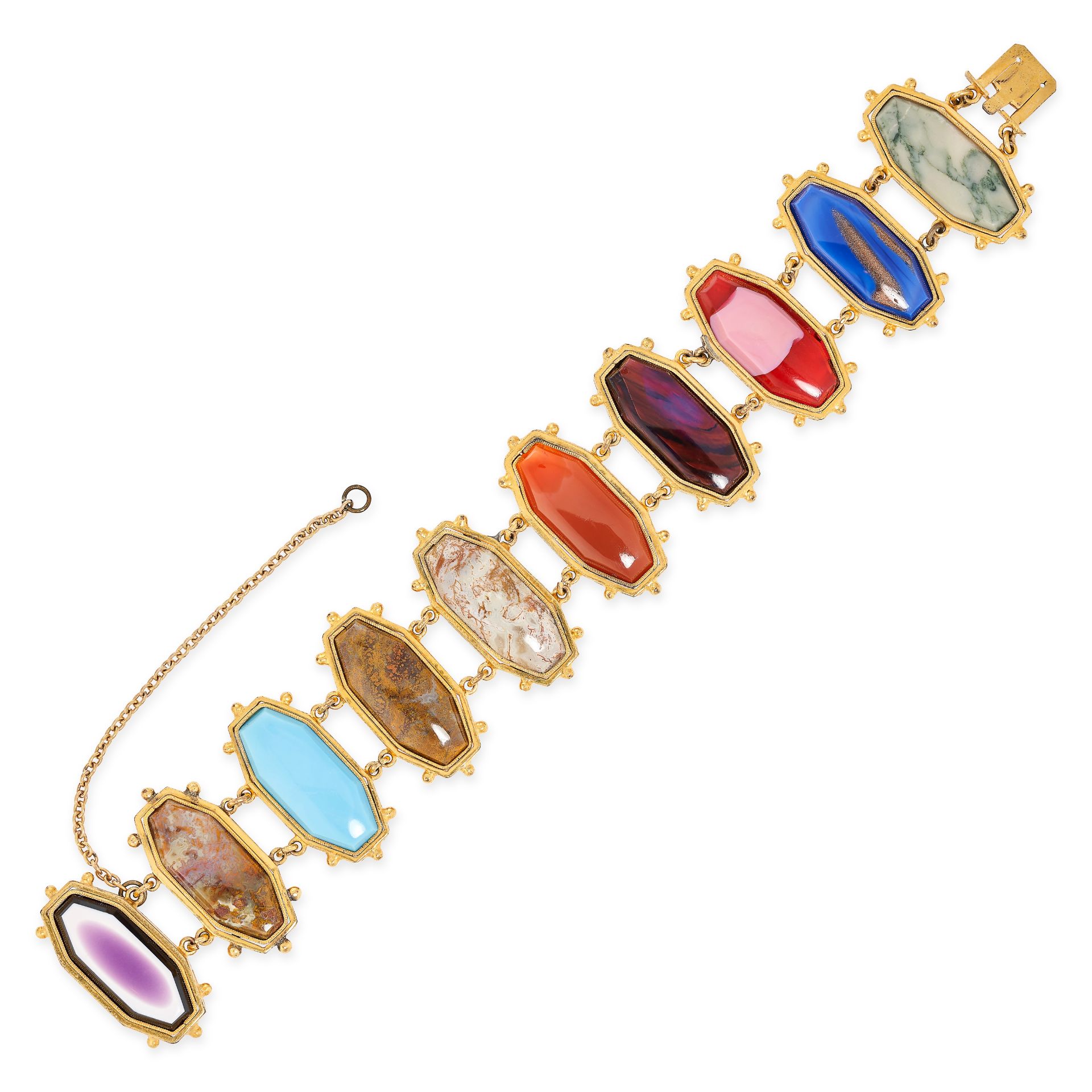 AN ANTIQUE MILLEFIORI GLASS AND HARDSTONE BRACELET in yellow gold, comprising a series of