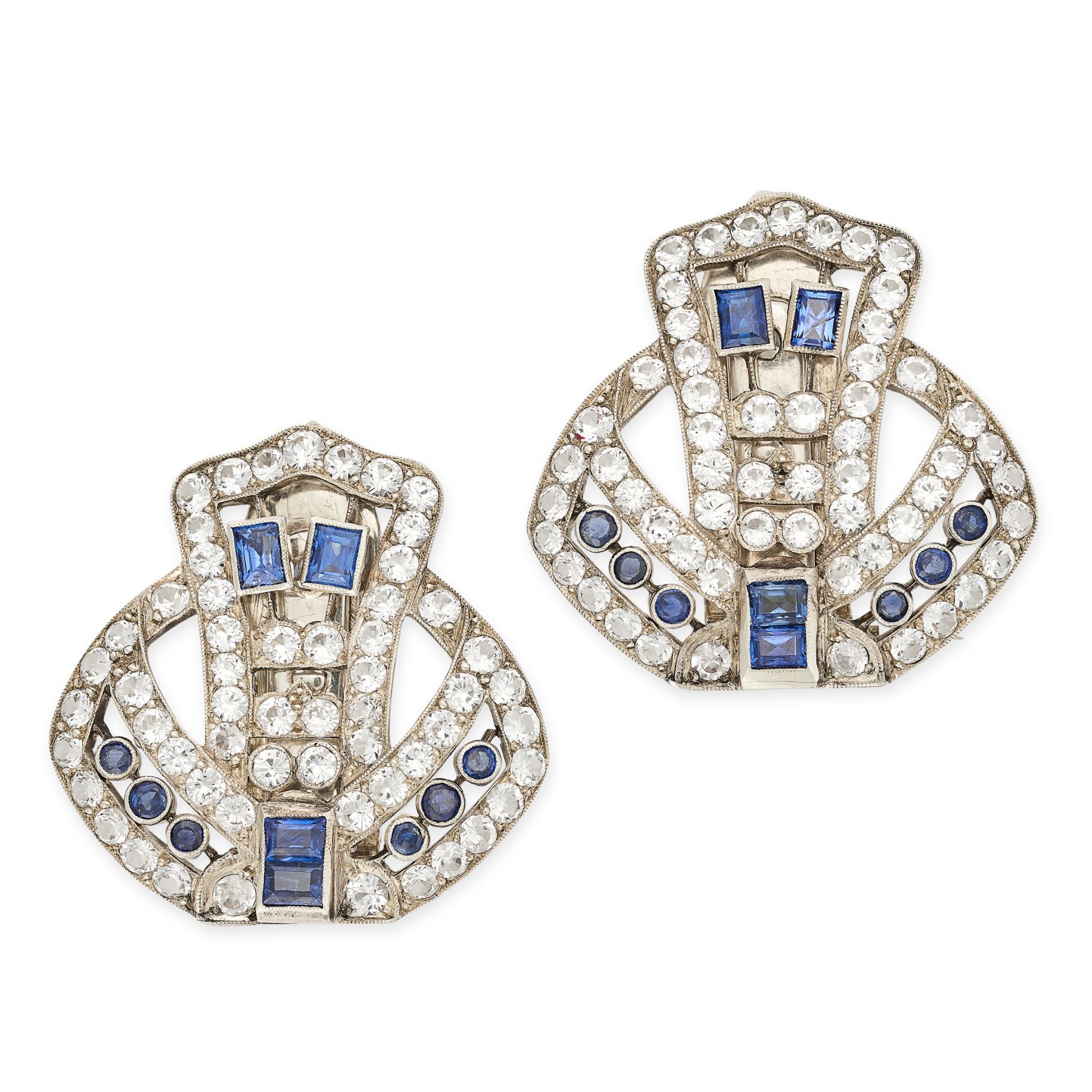 A PAIR OF VINTAGE SAPPHIRE AND WHITE SAPPHIRE DOUBLE CLIP BROOCHES in white and yellow gold, each