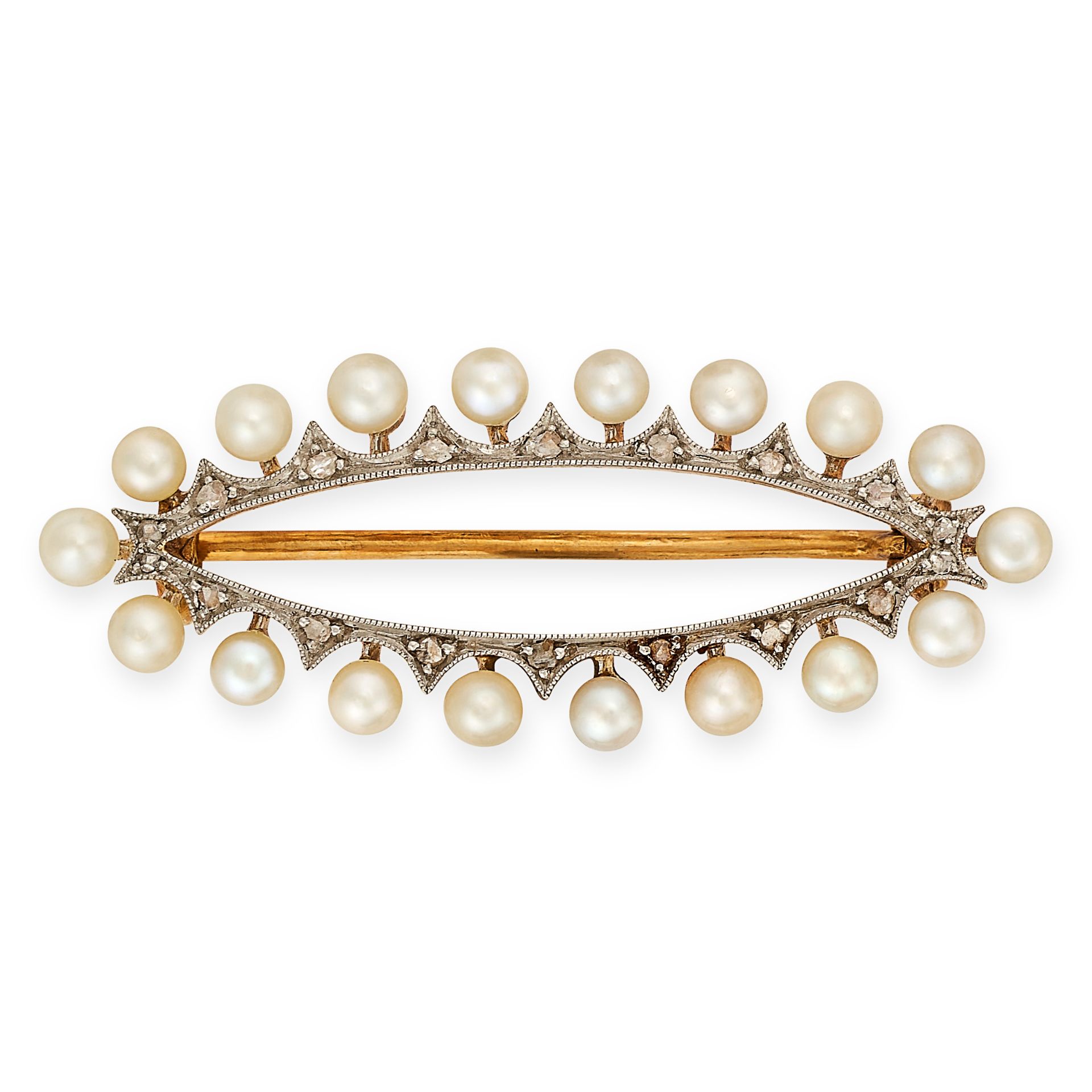 AN ART DECO PEARL AND DIAMOND BROOCH formed in a marquise shape set with a border of pearls to a
