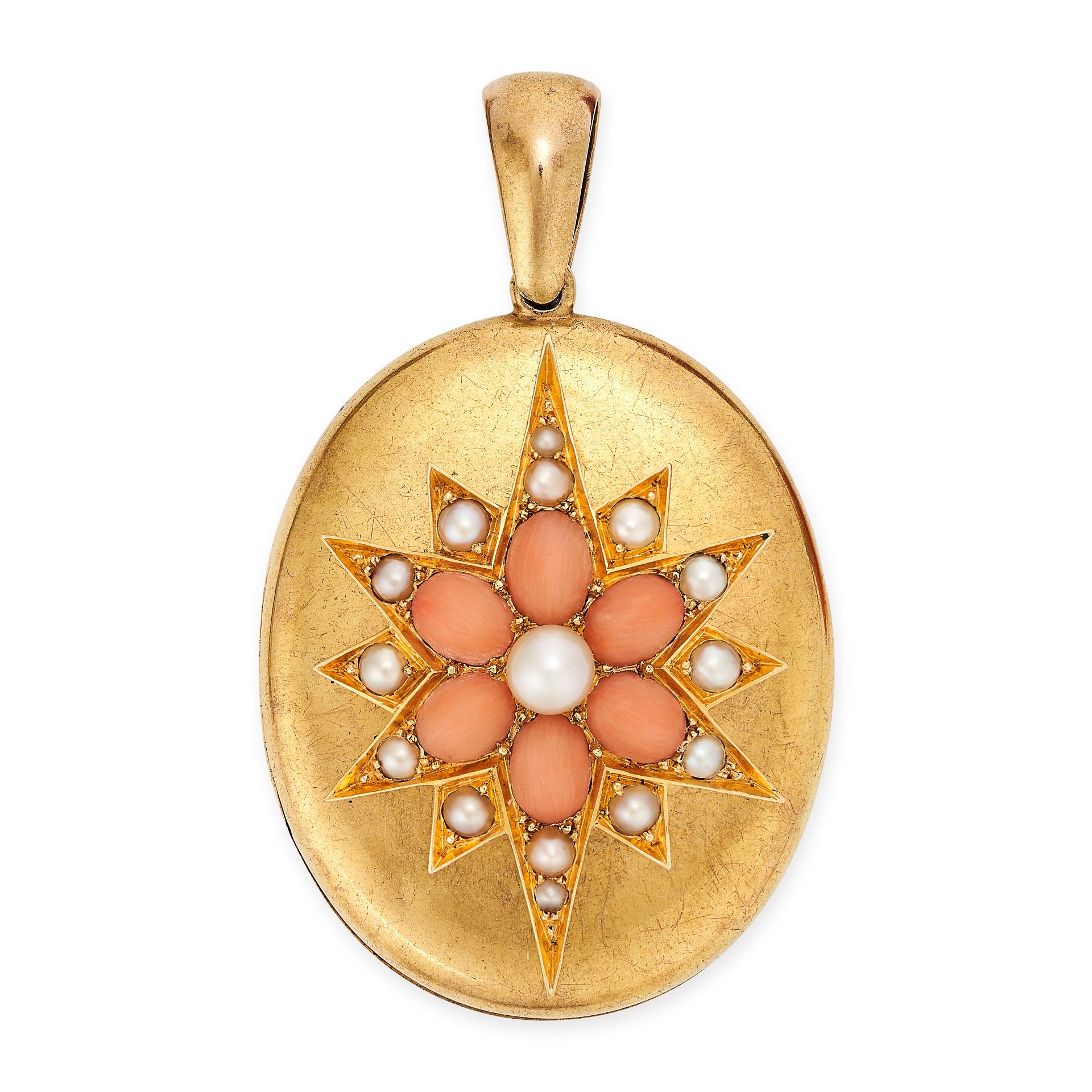 AN ANTIQUE CORAL AND PEARL MOURNING LOCKET in yellow gold, the oval hinged locket with an applied