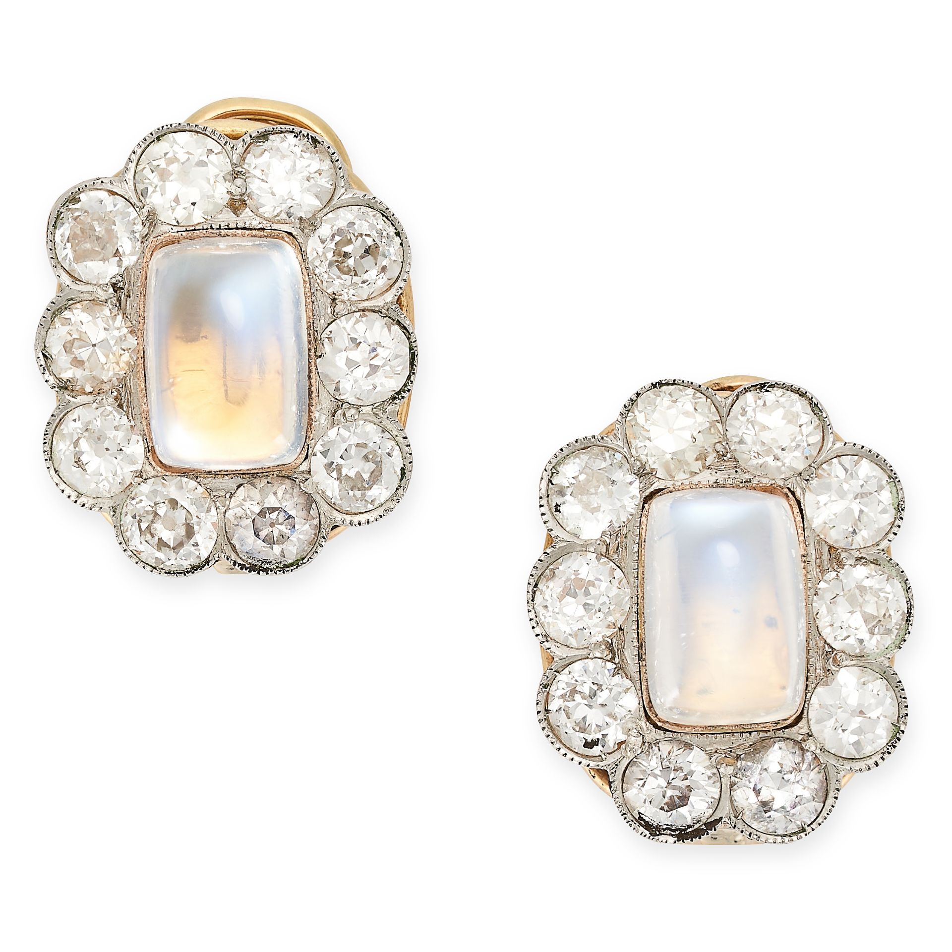 A PAIR OF MOONSTONE AND DIAMOND EARRINGS in yellow gold and platinum, each set with a cushion shaped