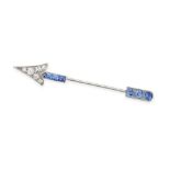 AN ART DECO SAPPHIRE AND DIAMOND ARROW JABOT PIN BROOCH set with round cut and step cut sapphires