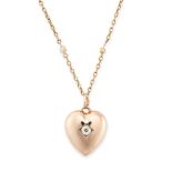 A DIAMOND HEART PENDANT AND PEARL CHAIN in yellow gold, the pendant in the form of a heart set
