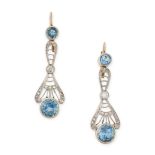 A PAIR OF AQUAMARINE AND DIAMOND DROP EARRINGS in yellow gold and silver, each set with a round