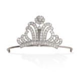 A DIAMOND TIARA in 14ct white gold and silver, of scrolling foliate design set throughout with old