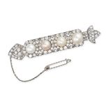 A VINTAGE PEARL AND DIAMOND BROOCH set with four pearls ranging from 7.1 to 8.9mm within a geometric