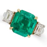 A FINE 5.82 CARAT COLOMBIAN EMERALD AND DIAMOND RING in 18ct white and yellow gold, set with an