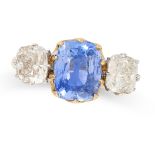 A SAPPHIRE AND DIAMOND THREE STONE RING in 18ct yellow and white gold, set with a cushion cut