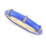 A FINE ANTIQUE ENAMEL AND DIAMOND BANGLE in yellow gold, decorated throughout with cornflower blue