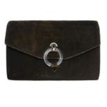 CARTIER, A VINTAGE SUEDE, ROCK CRYSTAL, ENAMEL AND DIAMOND EVENING BAG black suede with grey suede