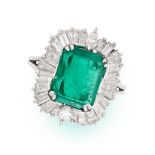 AN EMERALD AND DIAMOND BALLERINA RING in platinum, set with an octagonal step cut emerald of