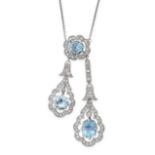 AN AQUAMARINE AND DIAMOND LAVALIER NECKLACE in platinum, the pendant set with a round cut aquamarine