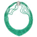AN EMERALD BEAD AND DIAMOND NECKLACE in 18ct white gold, comprising seven rows of graduated