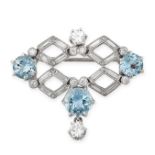 AN AQUAMARINE AND DIAMOND BROOCH in geometric design, set with three round cut aquamarines